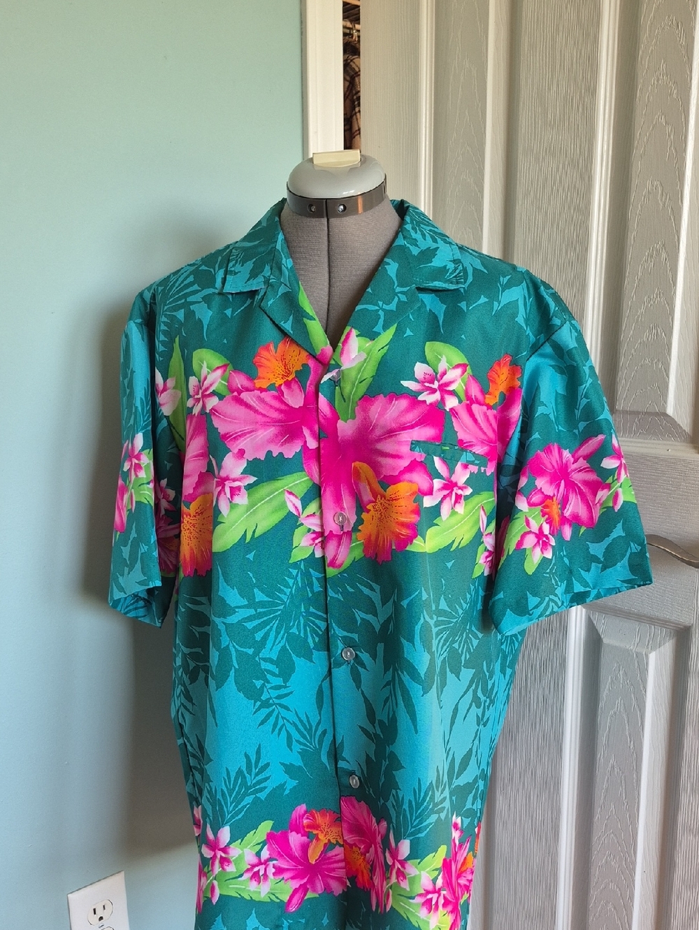 Teal Tropical Hawaiian Button-Up with Pink Hibiscus, Tiki Party, Size Large